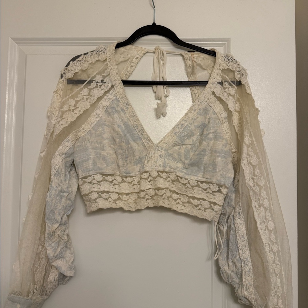 Free People Cream and light blue Lace long sleeve cropped top